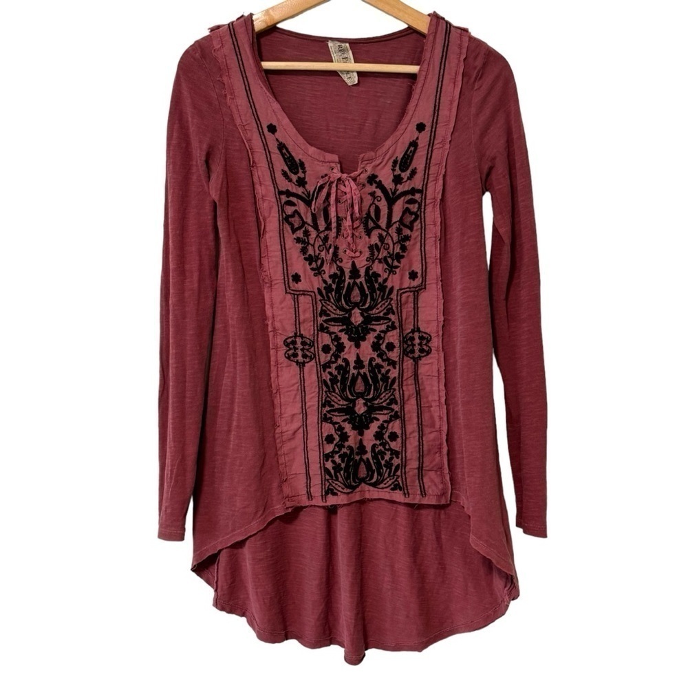 Free People Peasant Boho Burgundy Embroidered Top XS